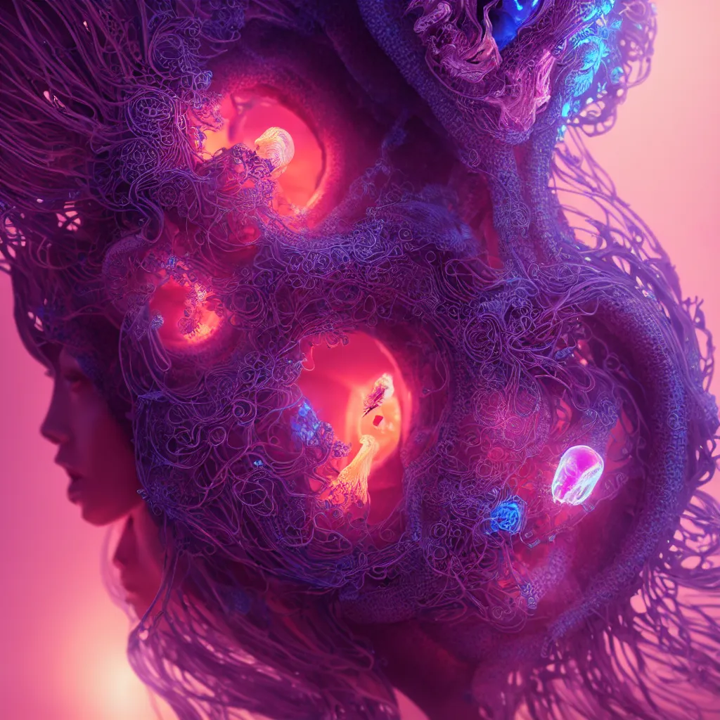 Image similar to goddess close-up portrait. orchid jellyfish phoenix head, nautilus, skull, betta fish, bioluminiscent creatures, intricate artwork by Tooth Wu and wlop and beeple. octane render, trending on artstation, greg rutkowski very coherent symmetrical artwork. cinematic, hyper realism, high detail, octane render, 8k