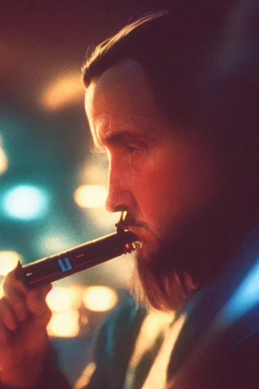 Image similar to photo of qui gon jinn vaping in mos eisley, cinestill 8 0 0 t, 8 5 mm f / 1. 8, bokeh, cinematic