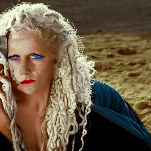 Image similar to a woman curled up in a ball on the deck of a ship, a beautiful english woman with a long face narrow nose pale skin blue eyes red lips and wild messy tangles of curly white blonde hair, high resolution film still wearing a black robe and skull necklace and holding a spear, sandy, a journey to the west