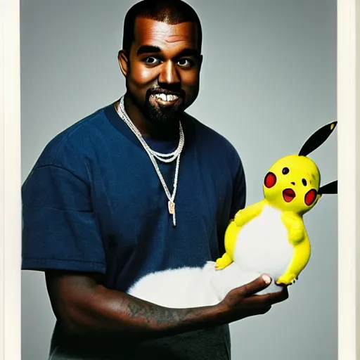 Image similar to kanye west smiling holding pikachu for a 1 9 9 0 s sitcom tv show, studio photograph, portrait c 1 2. 0