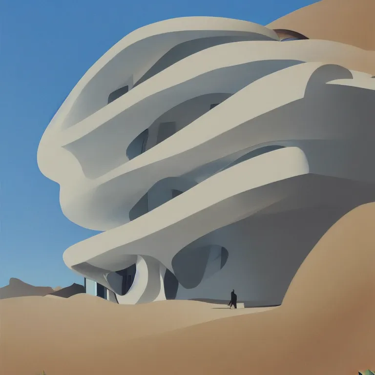 Image similar to Zaha Hadid architecture building in a desert, painted by Edward Hopper, painted by James Gilleard, airbrush