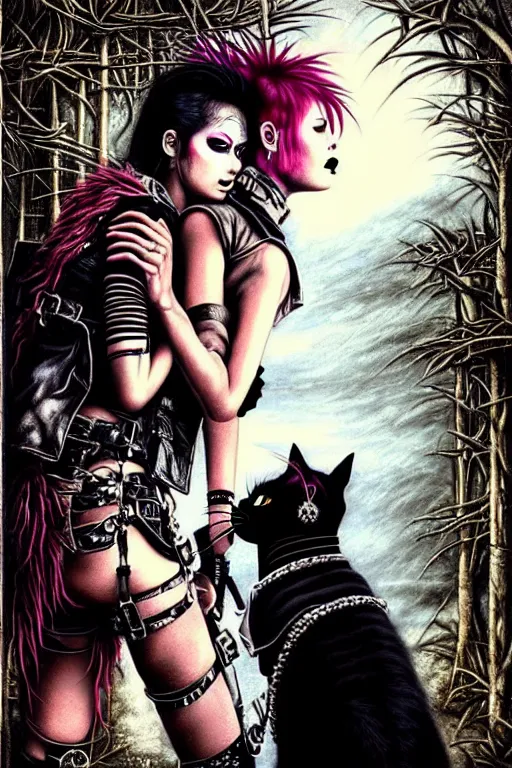 Image similar to punk rock girls kissing and making selfie with black cats in jungle , 1980 style by Ayami Kojima, mad max jacket, post apocalyptic, Cyberpunk, renaissance, Gothic, mystic, highly detailed, digital painting, 4k, fog, oil painting by Leonardo Da Vinci, hyper realistic style, fantasy by Olga Fedorova