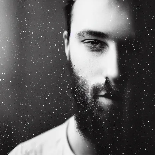 Image similar to A double exposure of a 4x5 styled portrait of a man coupled with an abstract oil-on-canvas painting, bokeh, shallow depth of field, black & white, dreamy, fog