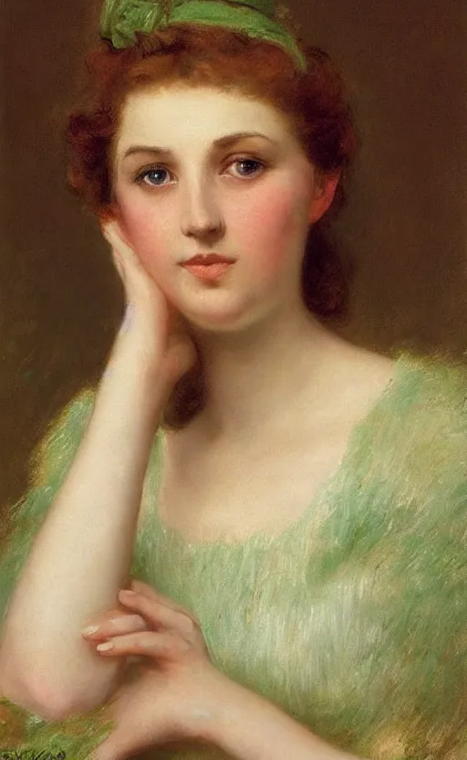 Image similar to portrait of a young woman!! daydreaming! brown fuzzy!!! hair, short hair!! green wallpaper background! by eugen von blaas