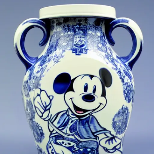 Image similar to a delft blue vase with a happy mickey mouse depicted on it ; extremely detailed