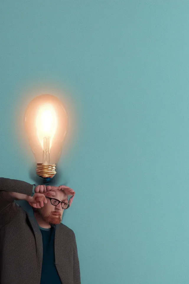 Prompt: a portrait of a man who has a light bulb instead of a head, photorealistic, detailed, in the background a cyan wall , octane render, hyper realistic