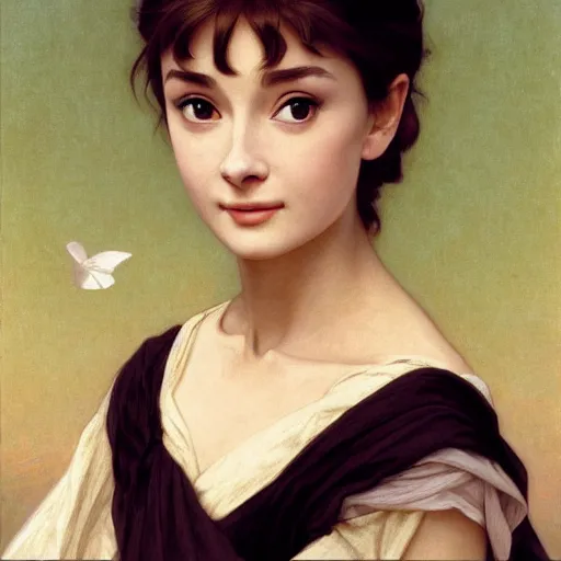 Prompt: A masterpiece head and shoulders portrait of Audrey Hepburn by William Adolphe Bouguereau and Makoto Shinkai