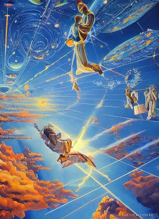 Image similar to a visual depiction of astral projection, large scale painting by robert mccall and vladimir kush