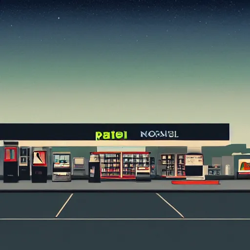 Prompt: a matte painting of a gas station at night by emiliano ponzi, james gilleard, george ault, david hockney, albert namatjira, minimalist, bauhaus, retrofuturism, postminimalism, concept art, matte background, matte drawing, space art, generative art