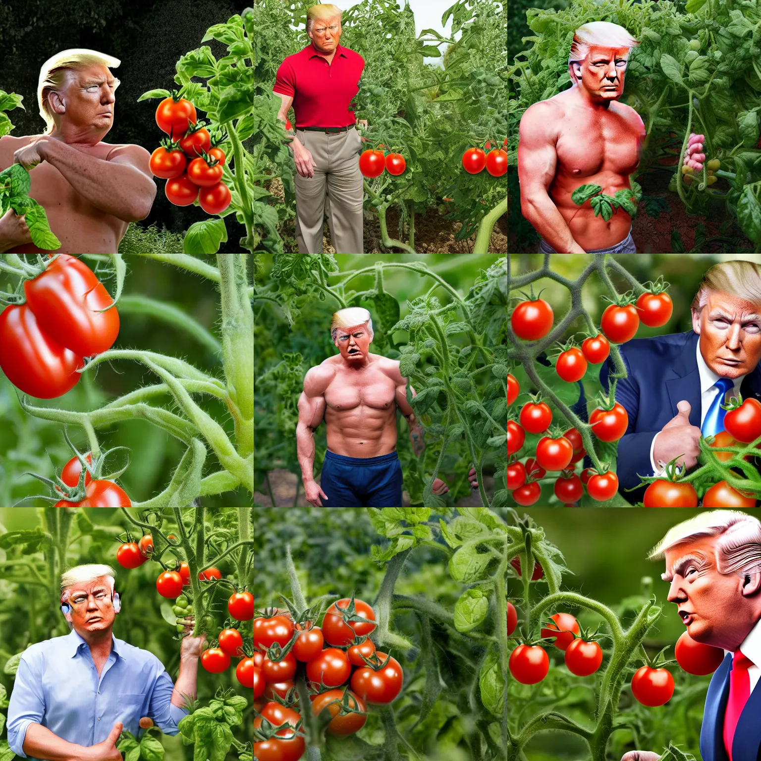 Prompt: muscular donald trump growing tomatoes in his garden, high resolution photography