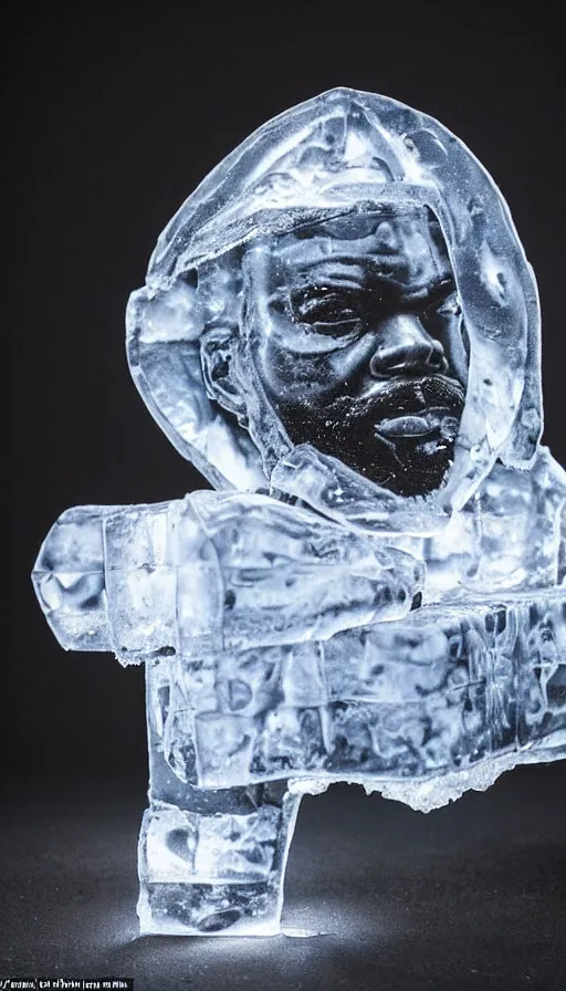 Prompt: the rapper'ice cube'carved out of ice, lit from bottom, full body, wide angle photo, award winning