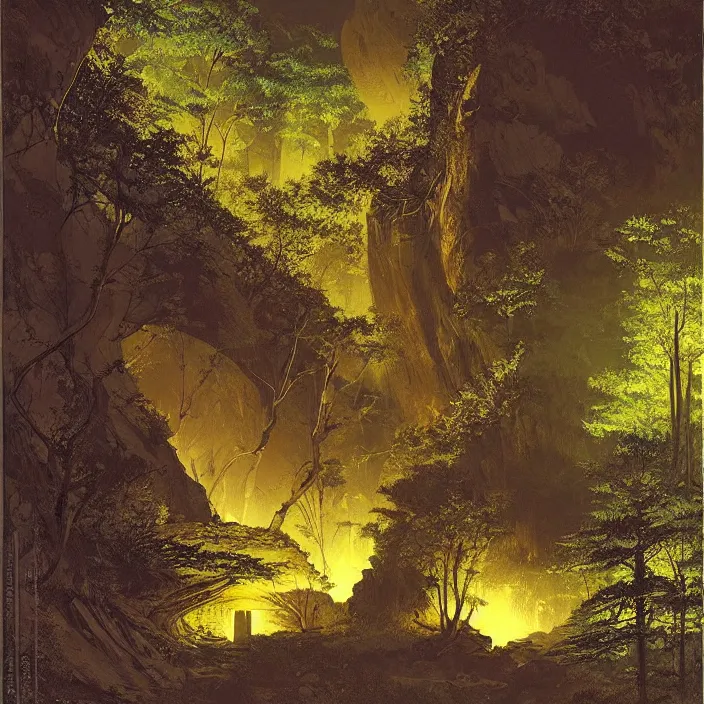 Prompt: mysterious cave entrance in dense forest, light coming through, night, beautiful, highlt detailed, by syd mead