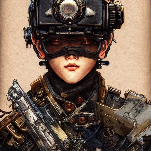 Image similar to portrait of a man by ayami kojima, japanese, he is about 2 0 years old, black short hair with bangs, he is wearing a steampunk tactical gear, highly detailed portrait, digital painting, artstation, concept art, smooth, sharp foccus ilustration, artstation hq