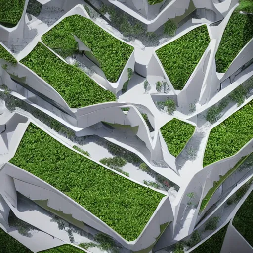 Prompt: origami architecture of a futuristc housing complex, crowded public space, a lot of trees and vegetation, full of sunlight, neighbourhood scale