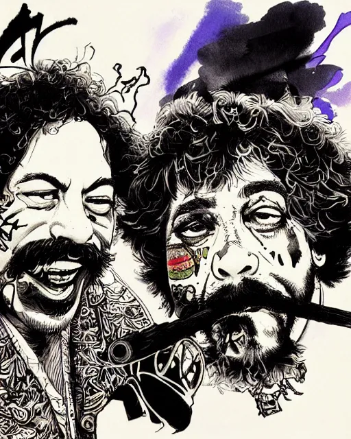 Image similar to portrait of cheech and chong smoking weed, concept art, sumi - e style, intricate linework, artstation, trending, highly detailed, smooth, focus, art by yoji shinkawa,