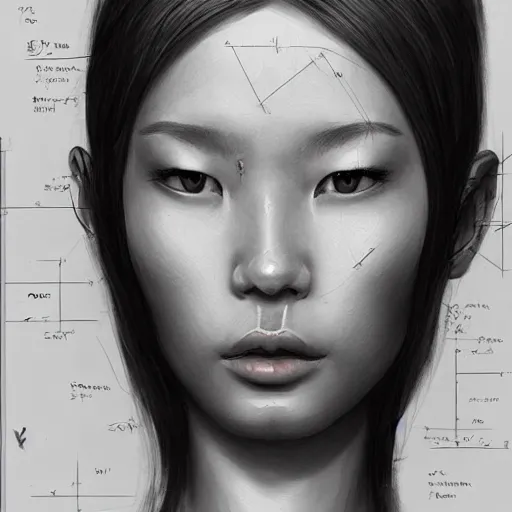 Image similar to a beautiful hyperrealistic bruletova portrait asian and body in pencil from a photo, by peter mohrbacher, technical drawing, blueprint diagram, trending on artstation