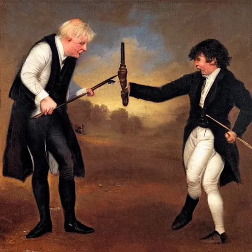 Prompt: Boris Johnson and Joe Biden in a duel, 1800s art