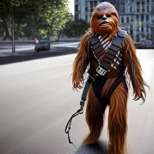 Prompt: Chewbacca, walking on the street, on a leash, owner on the right hand side, photorealistic, 4k