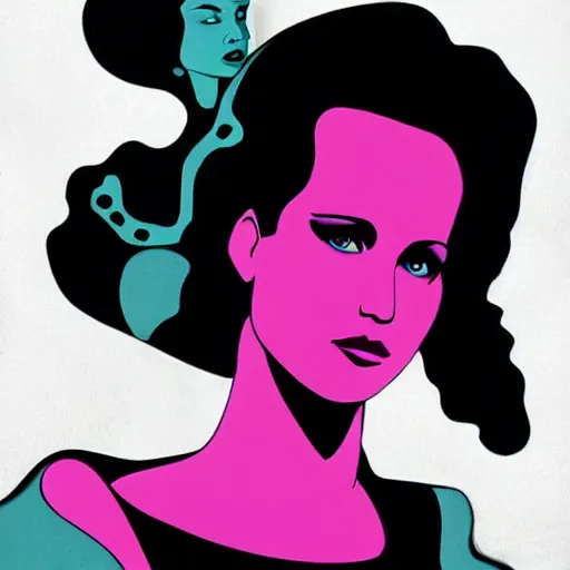 Prompt: jennifer lawrence as the bride of frankenstein, patrick nagel art style