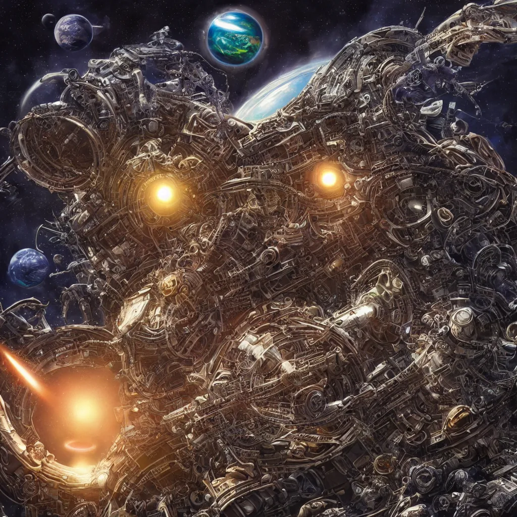 Image similar to mechanical alien god attacking planets in space, art by mark cooper, 8 k, hyper detailed, hdr, intricate, masterpiece