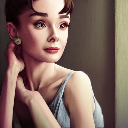 Image similar to portrait of audrey hepburn, highly detailed vfx portrait, unreal engine, sharp focus, smooth, greg rutkowski, loish, rhads, beeple, caspar david friedrich, makoto shinkai and lois van baarle, ilya kuvshinov, rossdraws, elegent, tom bagshaw, alphonse mucha, global illumination, detailed and intricate environment