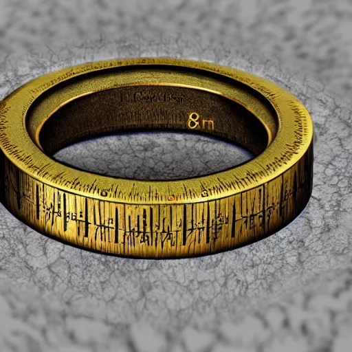 Image similar to the ring from lord if the rings with an imprinted ruler, cm scale imprinted on the inside of the ring, one ring to rule them all, dark background, highly detailed, 8 k, trending on artstation, mystic, rpg artwork, by peter jackson, by sauron