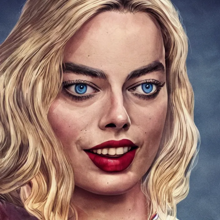 Image similar to margot robbie, holding iphone. very coherent symmetrical artwork. cinematic, high detail, octane render, 8 k, iridescent accents