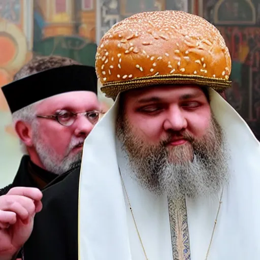 Image similar to orthodox patriarkh is wearing tall burger hat, real TV footage,