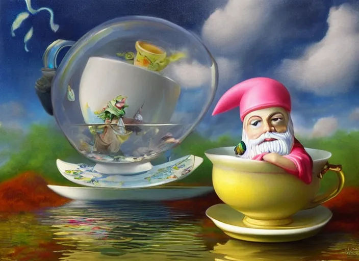 Image similar to a garden gnome sailing in a teacup, whimsical background of a reflective pond on a sunny day with dramatic clouds, an ultrafine detailed painting by mark ryden, trending on deviantart, pop surrealism, whimsical, lowbrow, grotesque
