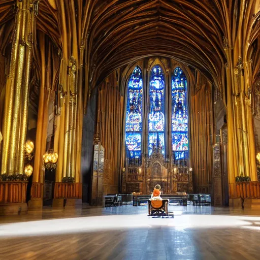 Image similar to man in large throne room of grand cathedral, sitting alone, shadows, fantasy, profile picture