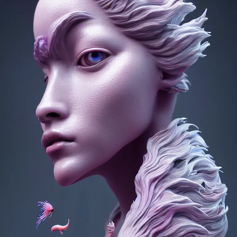 Image similar to goddess full painted acryllic sculpture close-up portrait. orchid bird phoenix jellyfish betta fish, intricate artwork by Tooth Wu and wlop and beeple. octane render, trending on artstation, greg rutkowski very coherent symmetrical artwork. cinematic, hyper realism, high detail, octane render, 8k