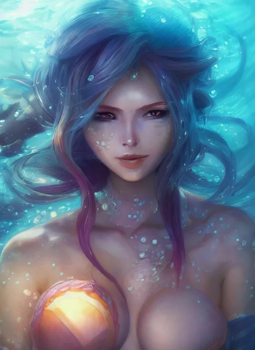 Image similar to nami, from league of legends, au naturel, underwater, hyper detailed, digital art, trending in artstation, cinematic lighting, studio quality, smooth render, unreal engine 5 rendered, octane rendered, art style by klimt and nixeu and ian sprigger and wlop and krenz cushart