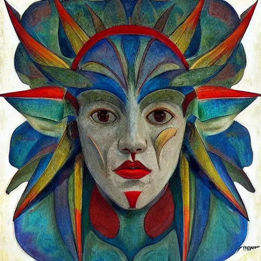 Prompt: masterpiece painting of a facemask made of stylized flowers, by annie swynnerton and jean delville and john watkiss and rufino tamayo and diego rivera, flower mask, art deco shaman, symbolist, dramatic lighting, god rays, elaborate geometric ornament, modern realism, clean crisp graphics, soft cool colors, smooth, sharp focus, extremely detailed
