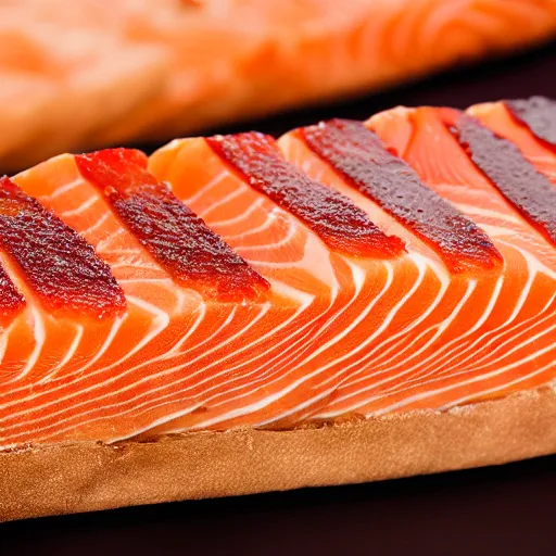 Prompt: hot slices of bread filled with freshly - caught salmon and red apple, 8 k resolution, food photography, studio lighting, sharp focus, hyper - detailed