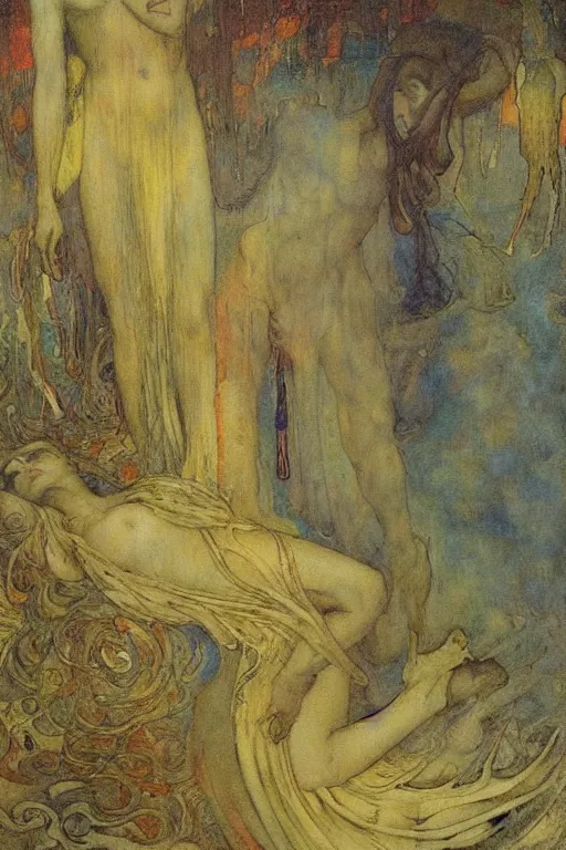 Prompt: bad dream, mikalojus konstantinas ciurlioni, mucha