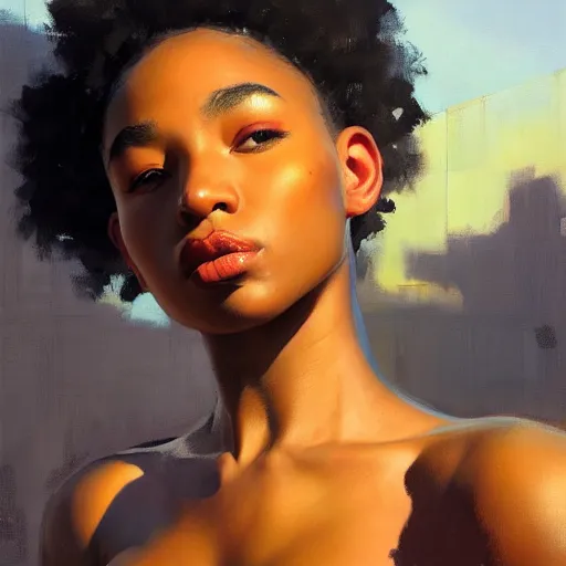 Image similar to Greg Manchess portrait painting of a beautiful 16 year old afropunk blasian character, medium shot, asymmetrical, profile picture, Organic Painting, sunset day, matte painting, bold shapes, hard edges, street art, trending on artstation, by Huang Guangjian and Gil Elvgren and Sachin Teng