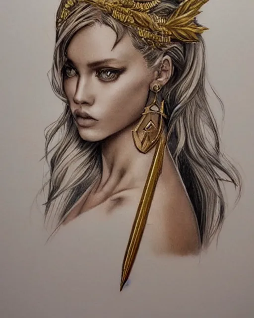 Image similar to tattoo sketch of beautiful super model aphrodite greek goddess wearing a gold laurel wreath and triangle earrings, beautiful piercing gaze with sharp pupils, beautiful blonde hair, in the style of greg rutkowski, fantasy, amazing detail, epic, elegant, smooth, sharp focus, front view