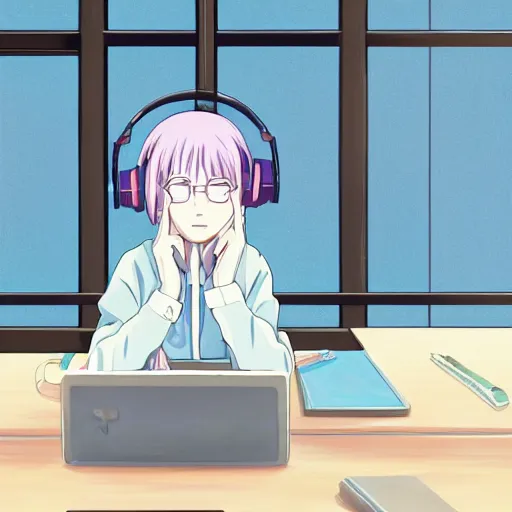 Prompt: high definition anime portrait of a pastel blue haired anime girl sitting at a desk studying with headphones on, background is a window looking out into a busy Tokyo district, lo-fi art, by Studio Ghibli, trending on artstation, sharp high quality anime, digital art, photoshop, proportionate, ambient lighting