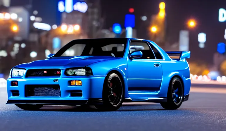 Prompt: wideshot of a Bayside Blue R34 Skyline GT-R driving in tokyo at night, highly detailed, 4k photo