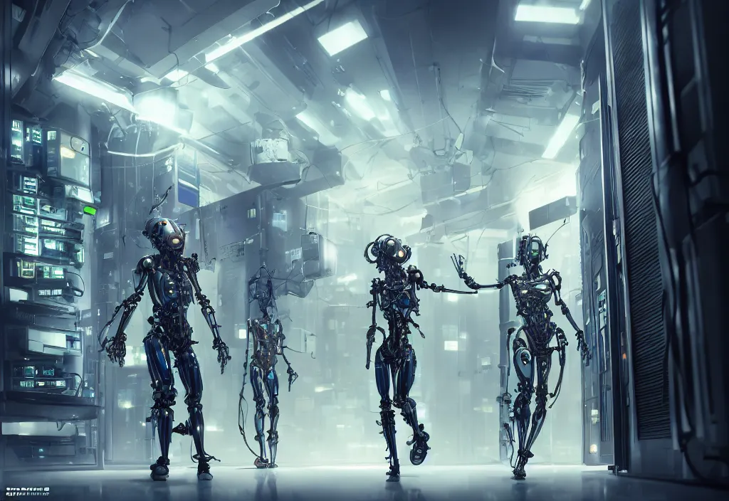 Image similar to shot of film by cyberpunk syle biomechanical cyborg walking in server room in datacenter, character design, very detailed cinematic, anime, by yoichi hatakenaka, by masamune shirow, digital art, octane render, beautiful composition, trending on artstation, award - winning photograph, masterpiece