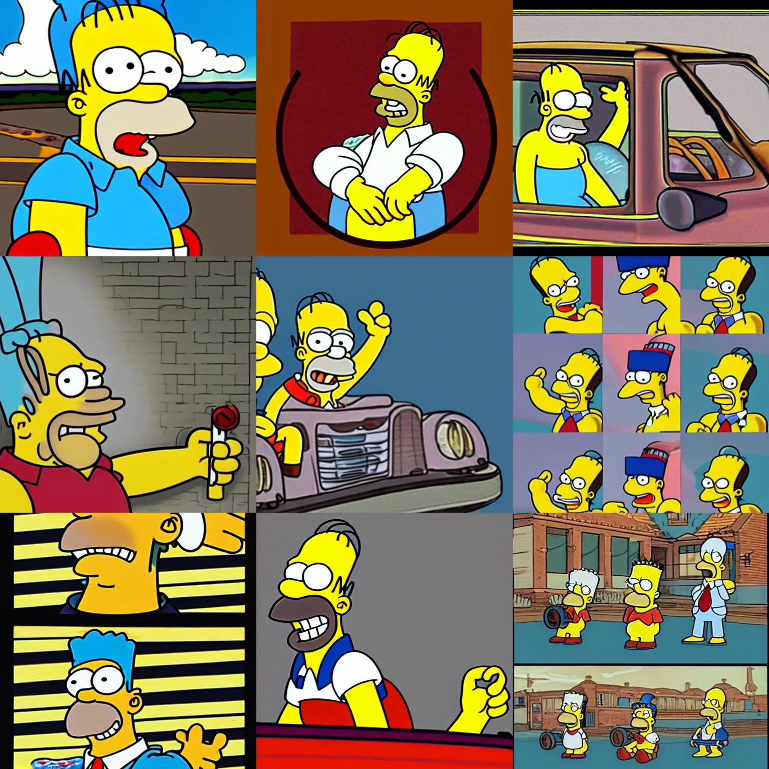 Prompt: homer simpson in his car in the style of cuphead
