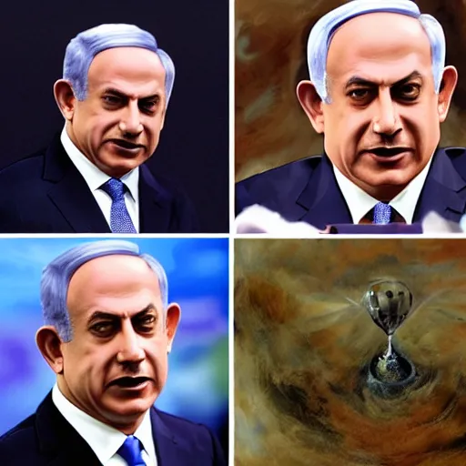 Image similar to benjamin netanyahu swirling into madness, by michael cheva and salvador dali and wayne barlower