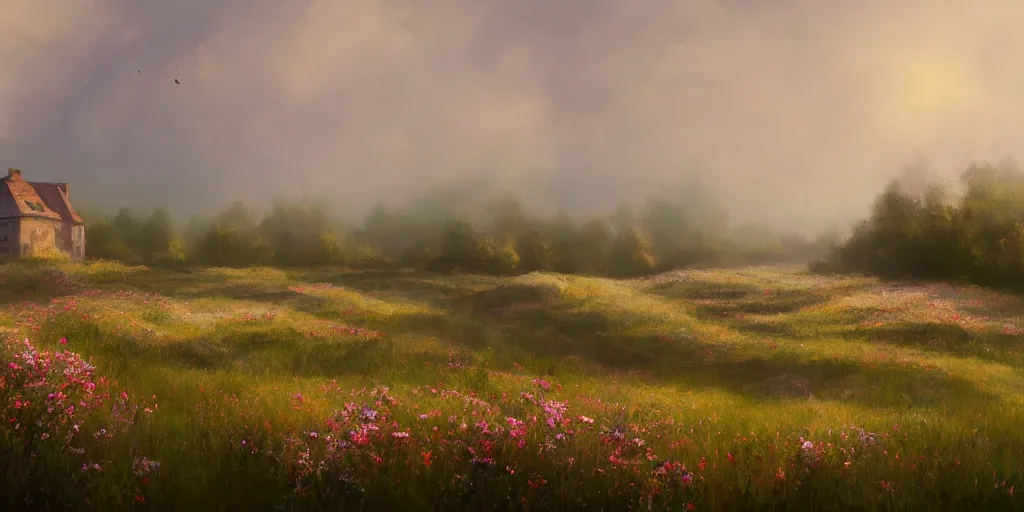 Prompt: a matte painting of a european prairie, cottages, foggy, patchy flowers, oil painting, pale colors, high detail, 8 k, wide angle, trending on artstation,