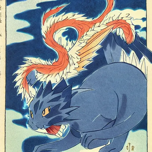 Image similar to a pokemon that looks like a beautiful cat with dragon wings, illustration by hokusai