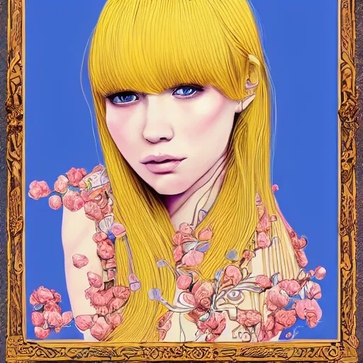 Image similar to a portrait of an incredibly beautiful, colorful, graceful, elegant, and sophisticated young blonde girl made of garlic, an ultrafine detailed illustration by james jean, intricate linework, bright colors, final fantasy, behance contest winner, vanitas, angular, altermodern, unreal engine 5 highly rendered, global illumination, radiant light, detailed and intricate environment