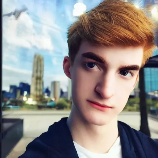 Image similar to “a realistic detailed photo of a guy who is an attractive humanoid who is half robot and half humanoid, who is a male android, twitch streamer Ninja Tyler Blevins, shiny skin, posing like a statue, blank stare, streaming”