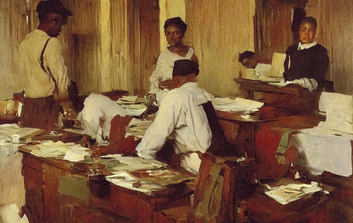 Image similar to british colonial clerk working in office in lagos, 1905, colourful highly detailed oil on canvas, by Ilya Repin