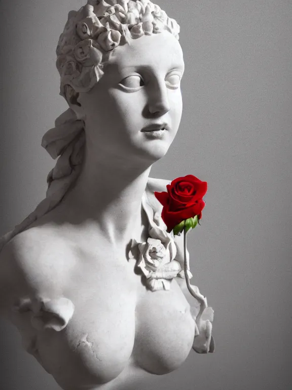 Image similar to portrait art venus of milo sculpture made of white marble, concept art, red roses exploding from her heart, volumetric lighting, hyperrealistic, focused, extreme details, masterpiece, fine details