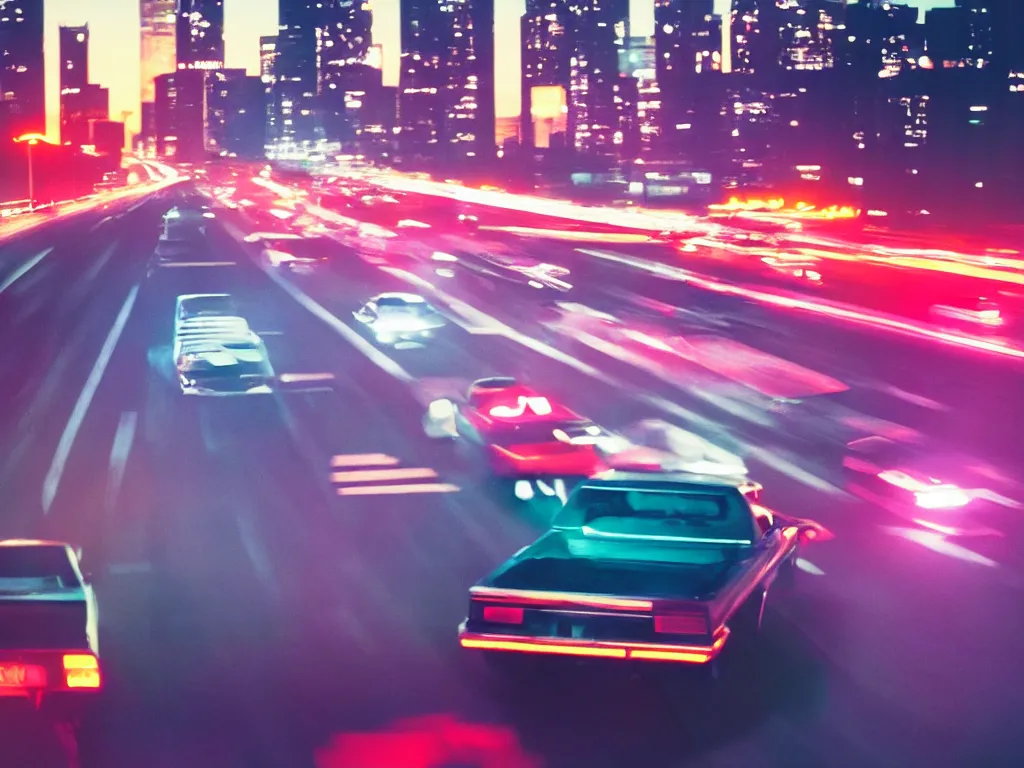 Image similar to 8 0 s neon movie still, high speed car chase on the highway with city in background, medium format color photography, 8 k resolution, movie directed by kar wai wong, hyperrealistic, photorealistic, high definition, highly detailed, tehnicolor, anamorphic lens, award - winning photography, masterpiece