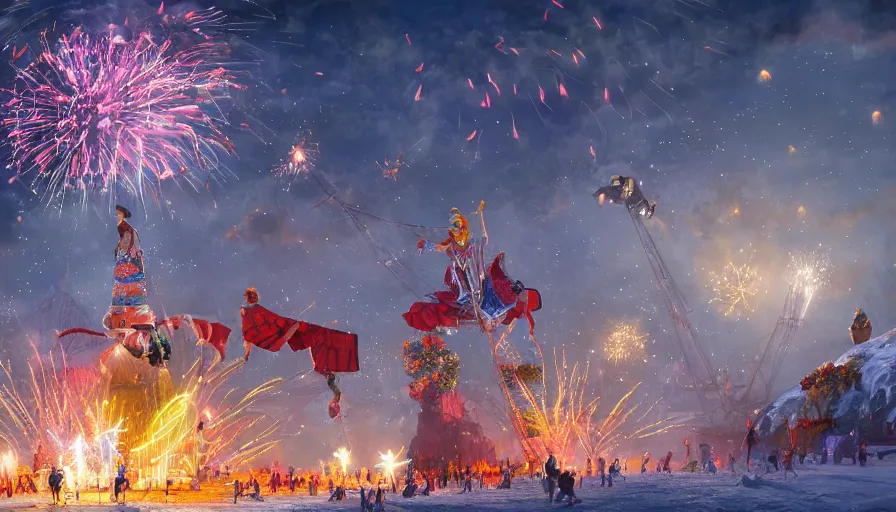 Prompt: Giant illuminated circus in the snowy mountains with fireworks in the sky at night, hyperdetailed, artstation, cgsociety, 8k